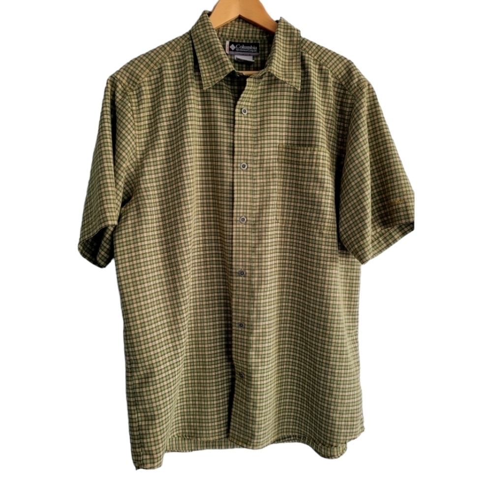 Columbia Button Down Camp Shirt Green and Yellow Plaid Check Size XL